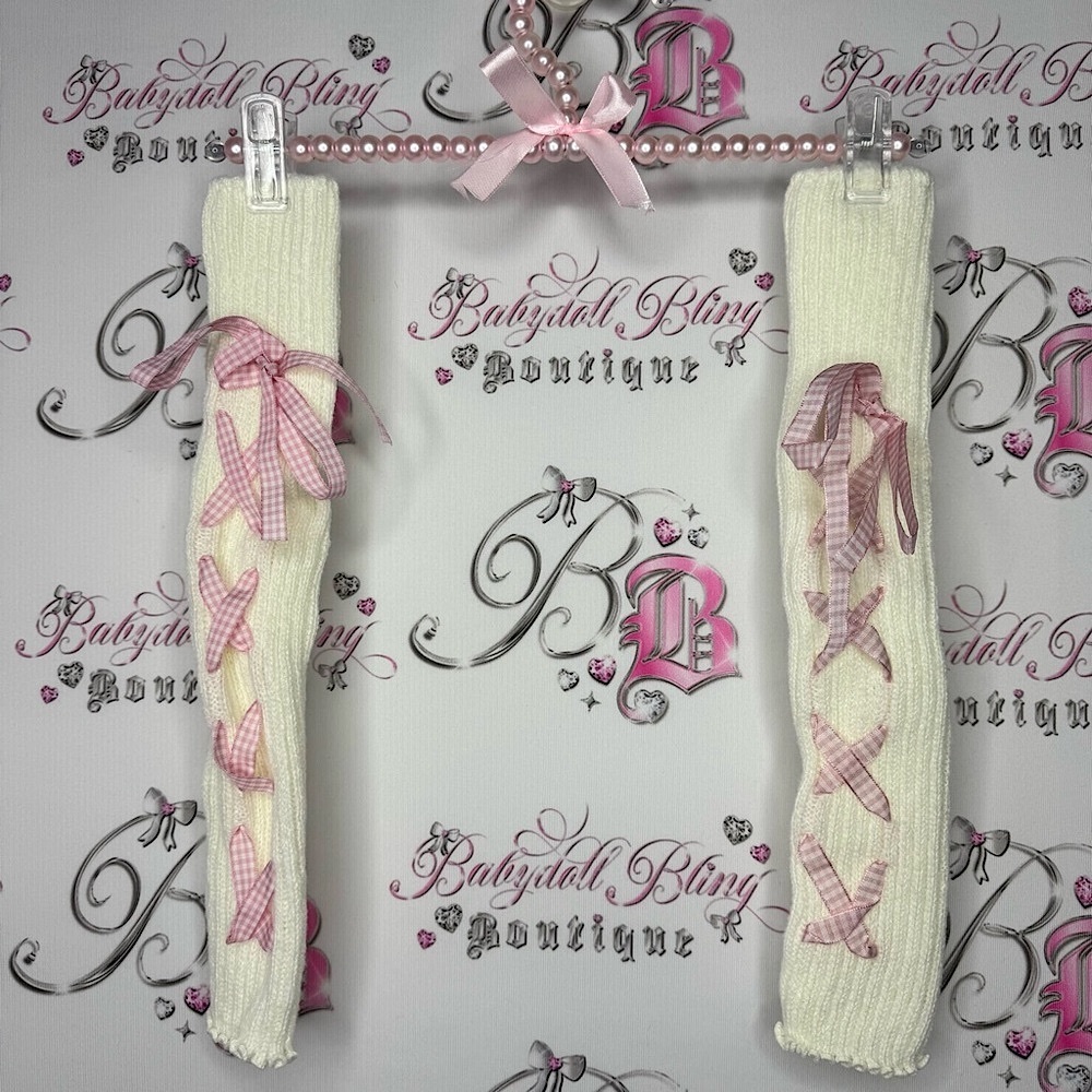 Leg warmers ribbon 🎀 bow lace up corset style gingham Pink and White Leg Warmers